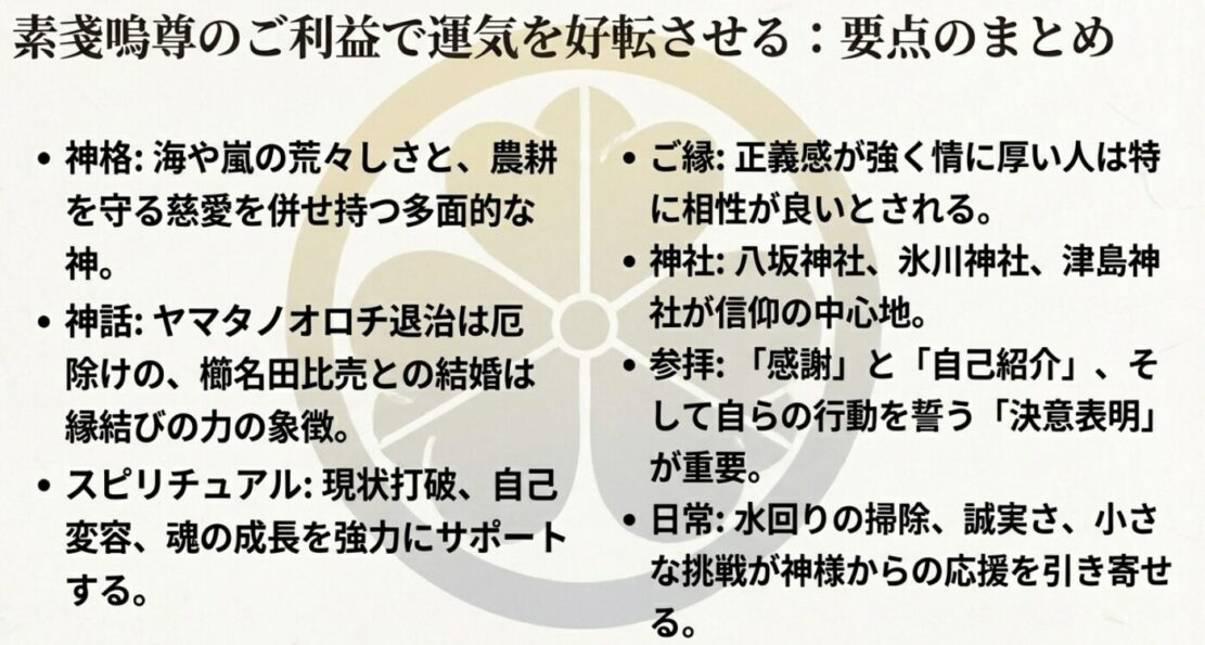 素戔嗚尊の神格、ご利益、参拝方法、開運習慣の要点を網羅した記事のまとめスライド