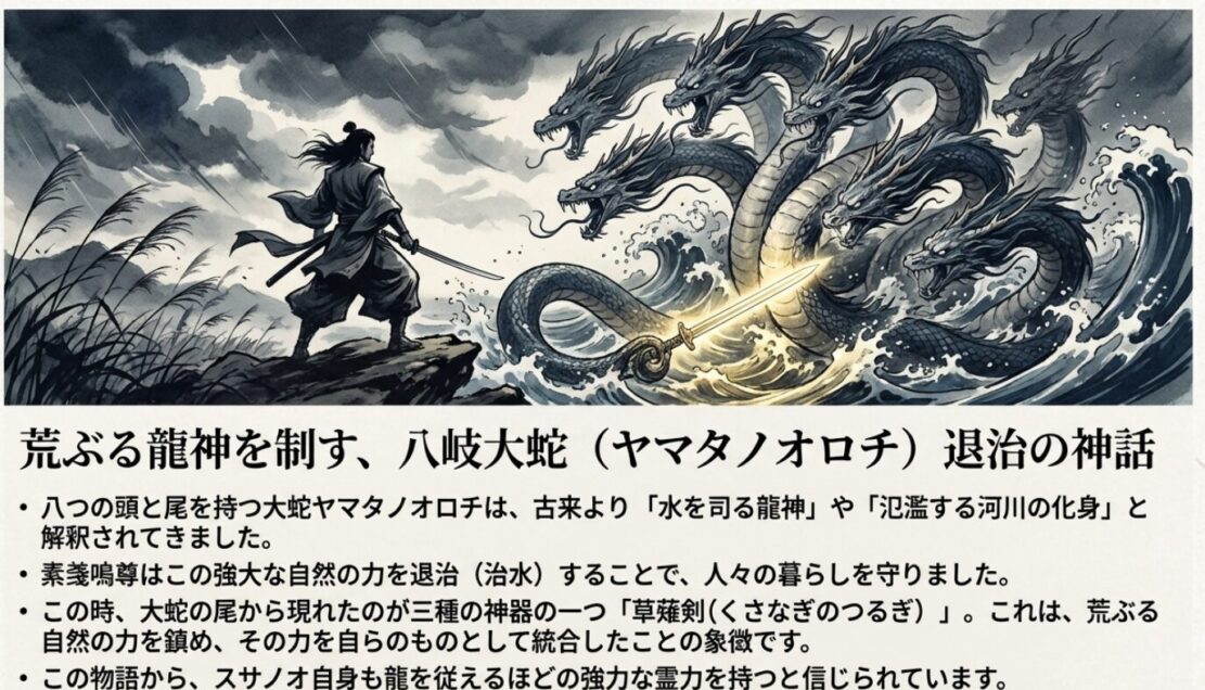 素戔嗚尊が草薙剣を手に八岐大蛇（ヤマタノオロチ）と対峙している神話のイラスト