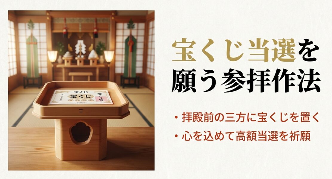 拝殿前の三方に宝くじを置き、心を込めて高額当選を祈願する作法
